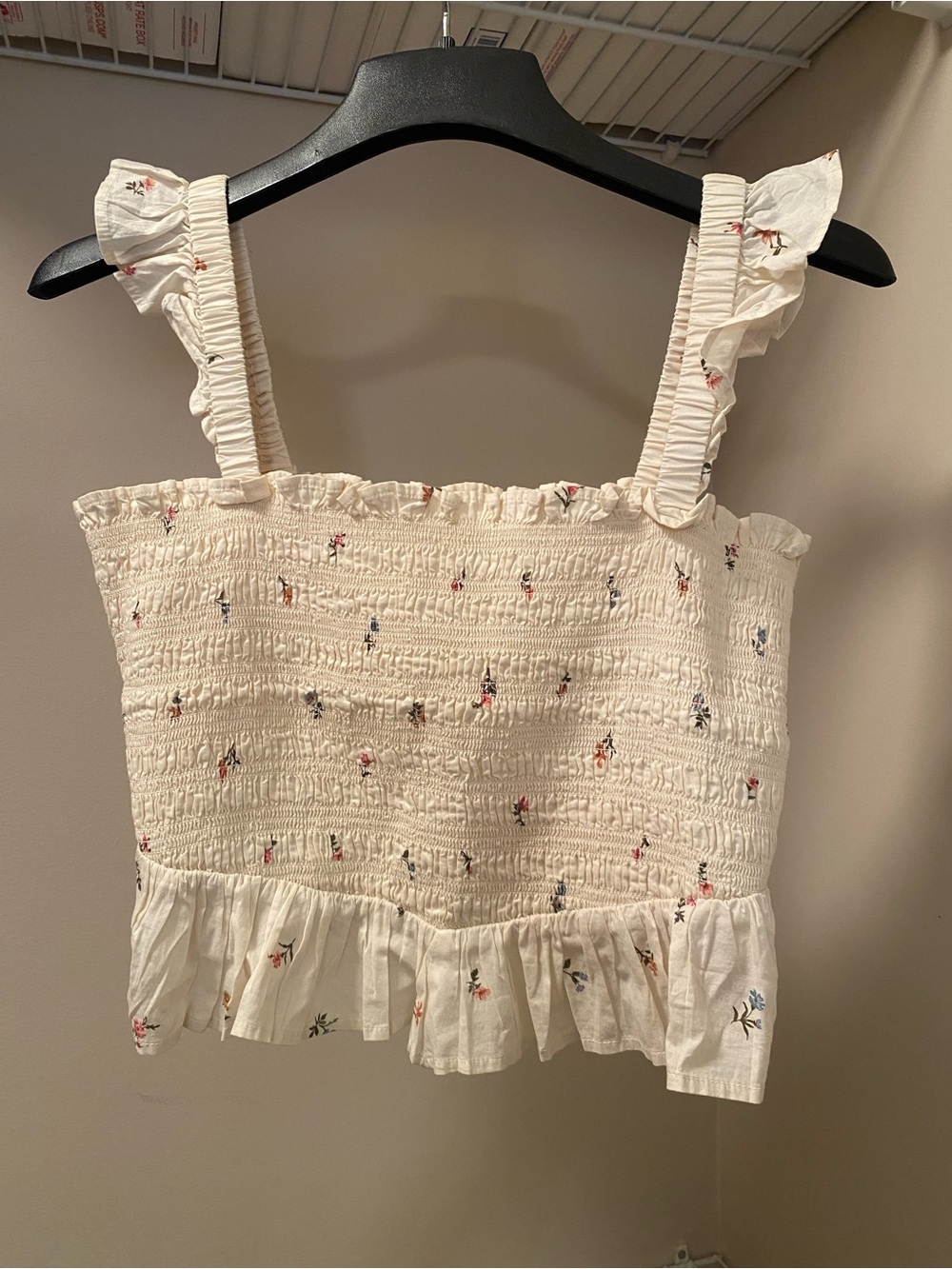 American Eagle Outfitters Cream Smocked Floral Ruffle Crop Top Size M